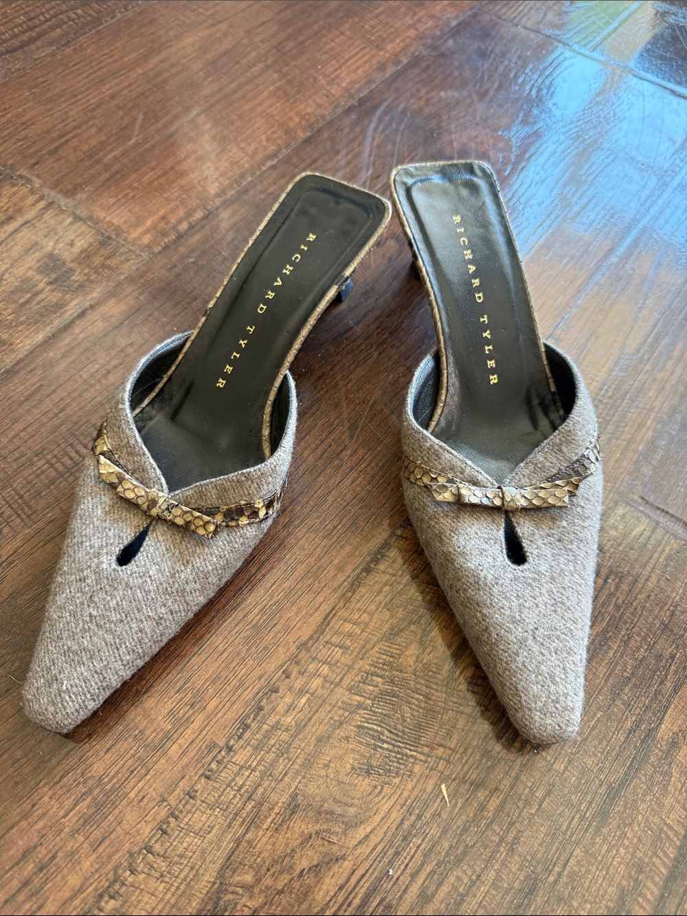 Vintage Richard Tyler Taupe Pointed-Toe Mules with Snake-Print Trim